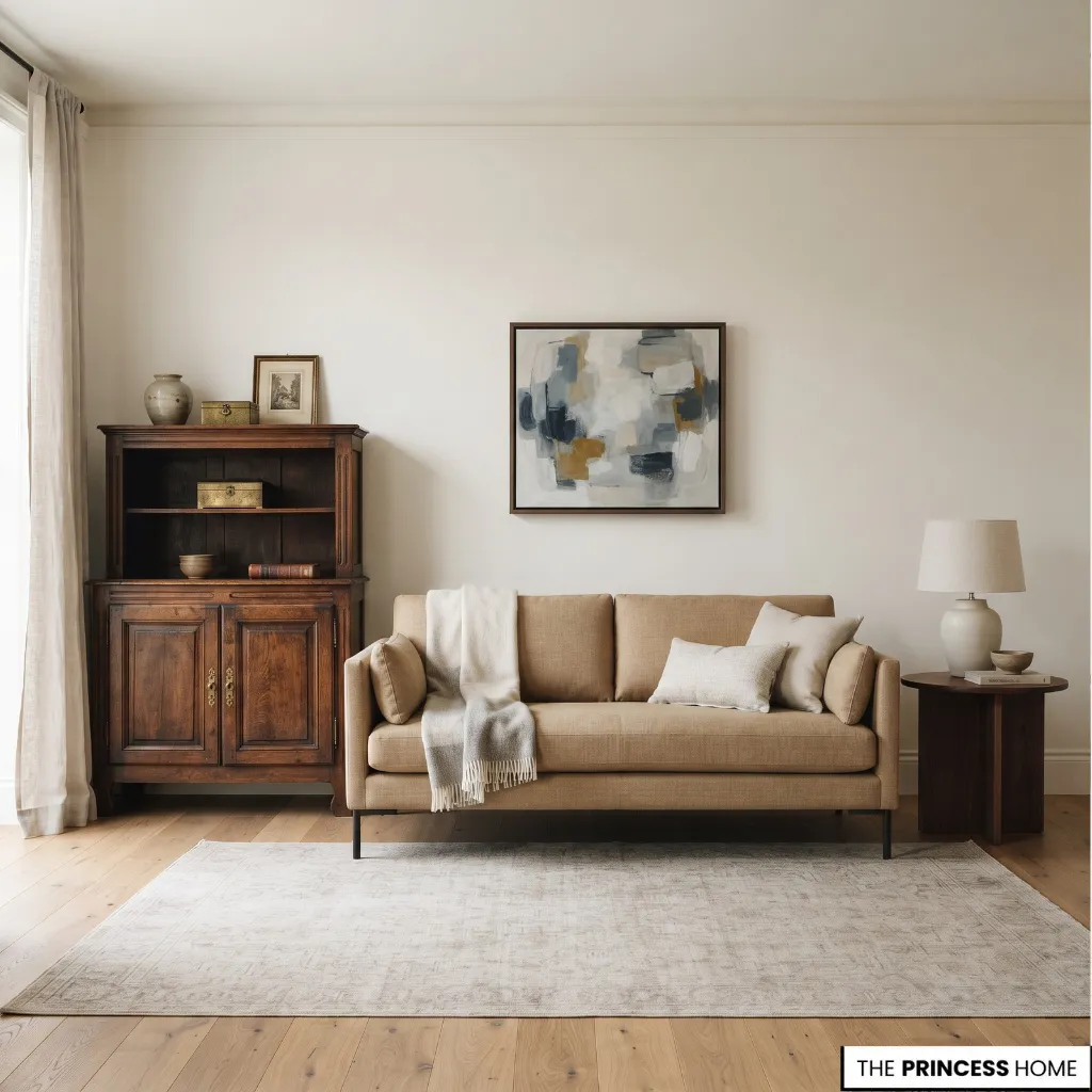 Contemporary living room combining a traditional wooden cabinet with simple modern seating.