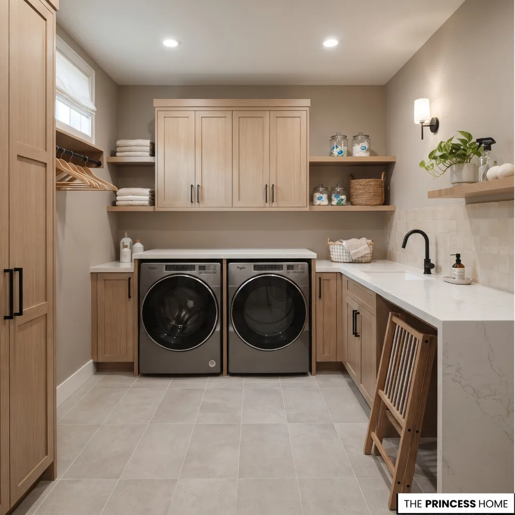 A modern, well-lit laundry room featuring light wood cabinets, two grey front-loading washing machines