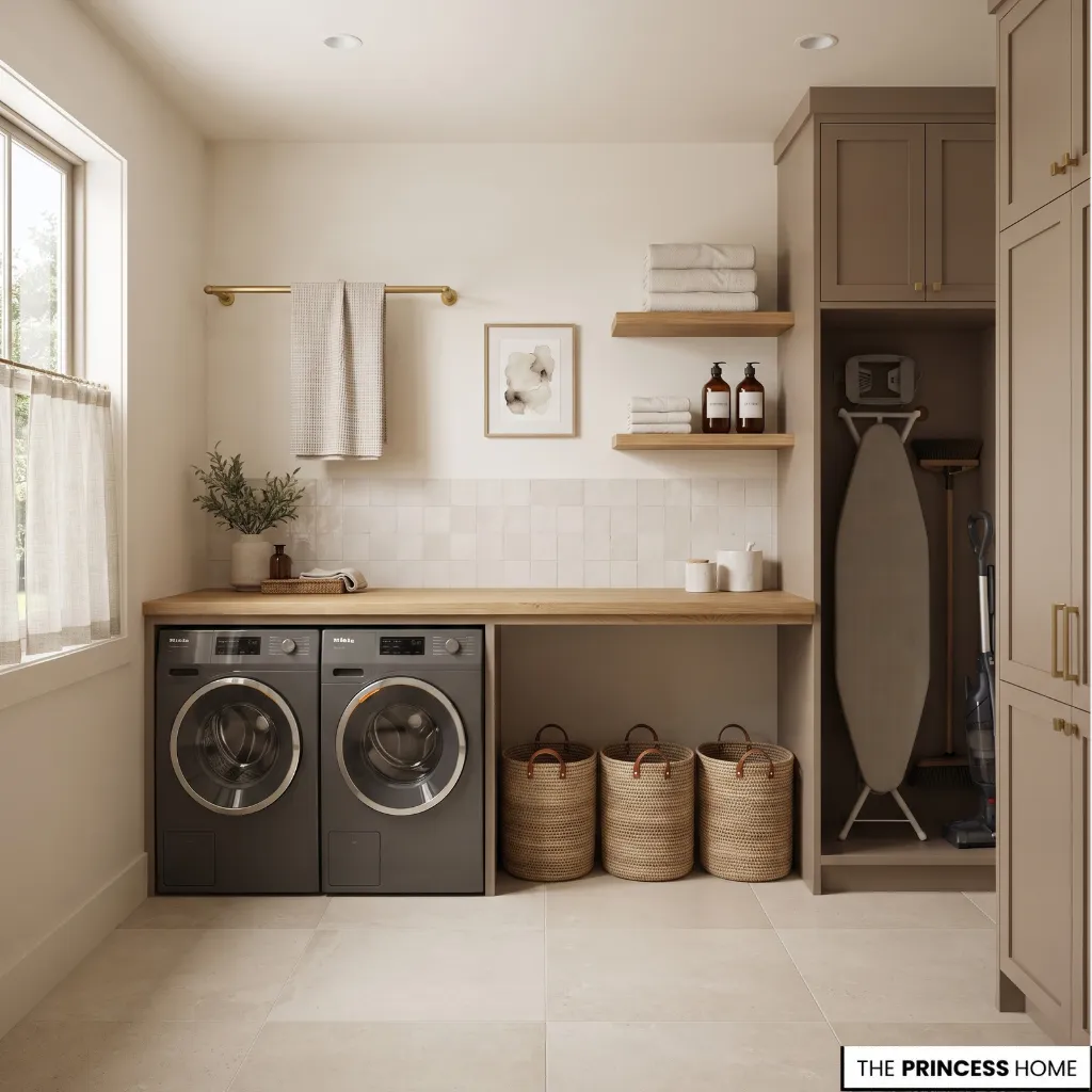 A modern, well-lit laundry room features taupe cabinets, dark grey washer and dryer units,