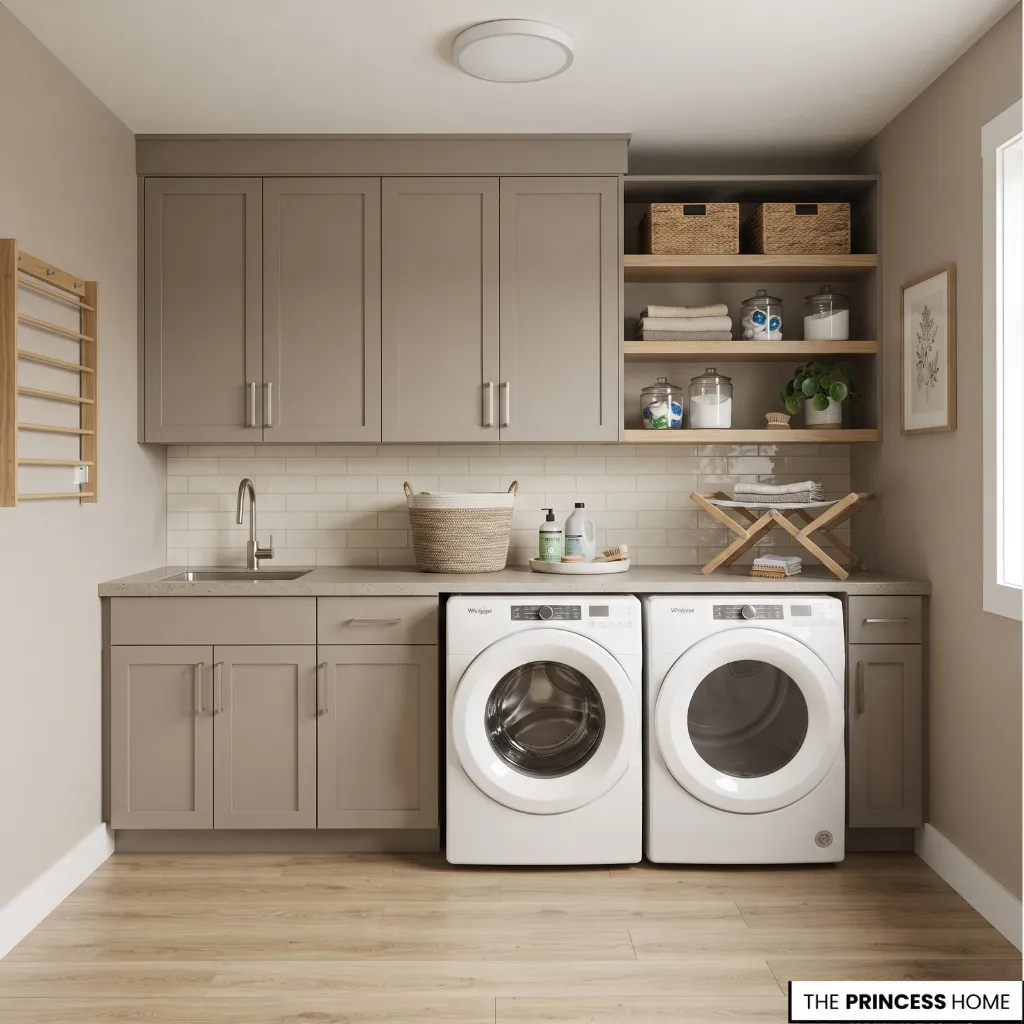 A clean, organized laundry room features taupe cabinets, white washer and dryer appliances