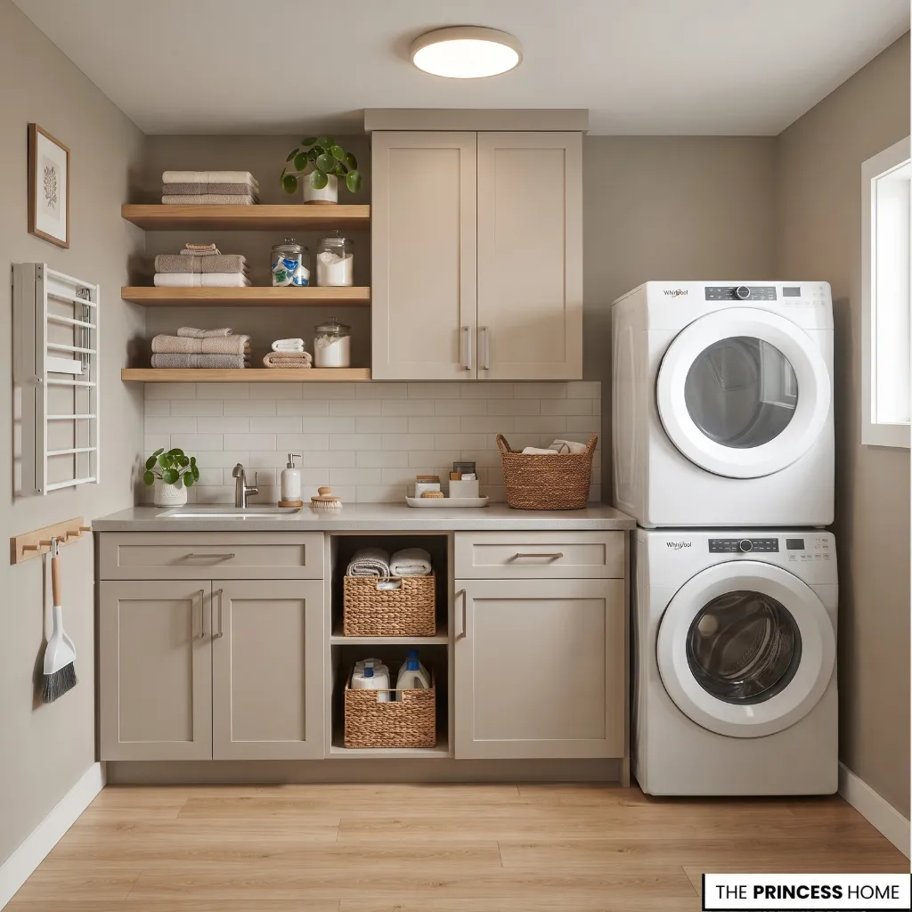A well-organized laundry room features taupe cabinets,