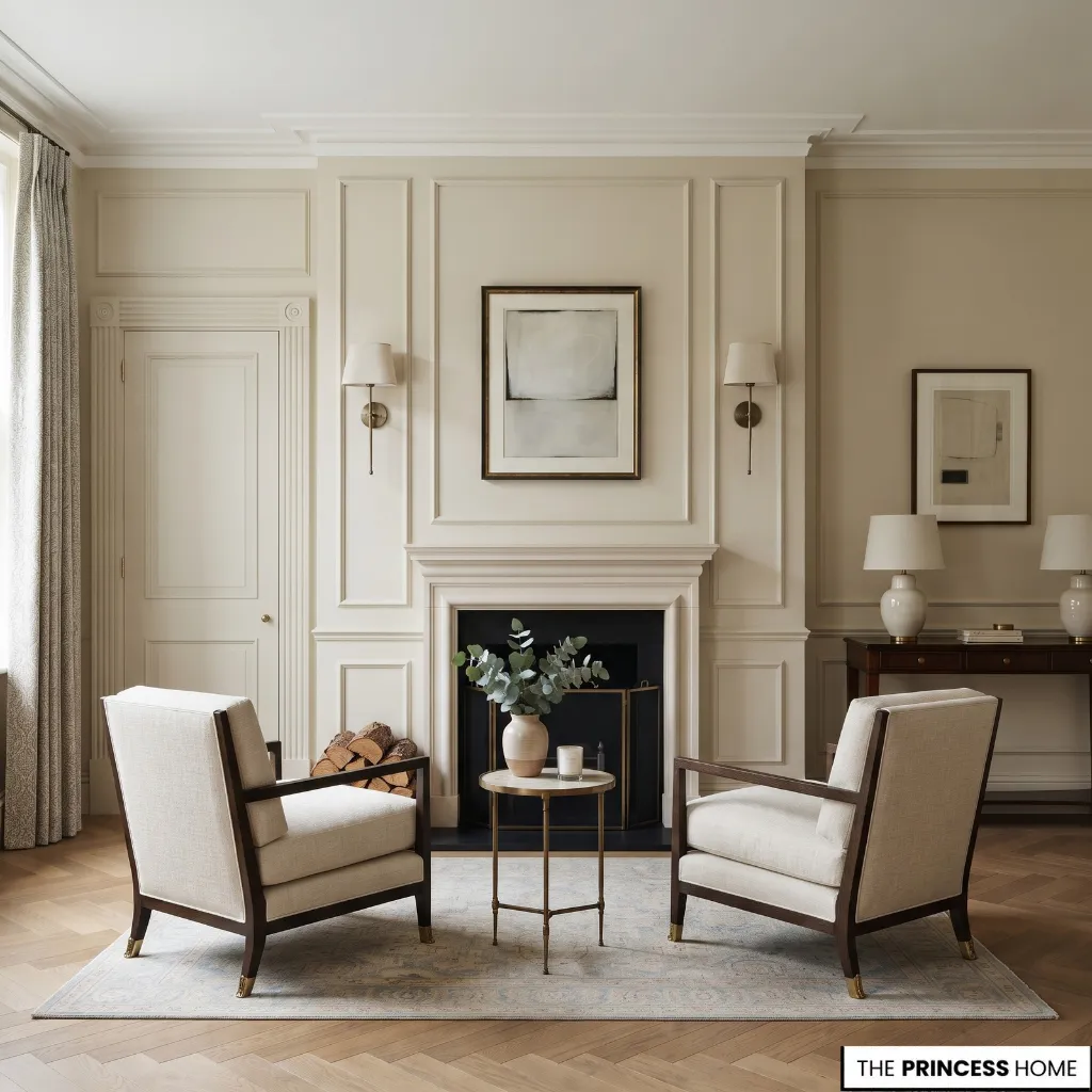 Neo-Classical room with proportioned wall panels, cornice detailing, and restrained architectural framing.