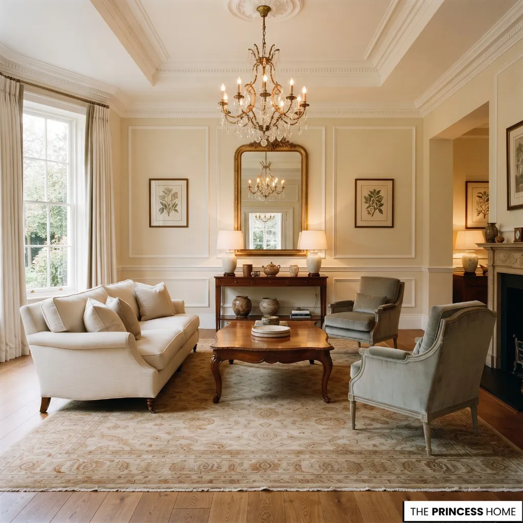 Neo-Classical living room with furniture, rug, chandelier, and wall architecture proportioned to the room.