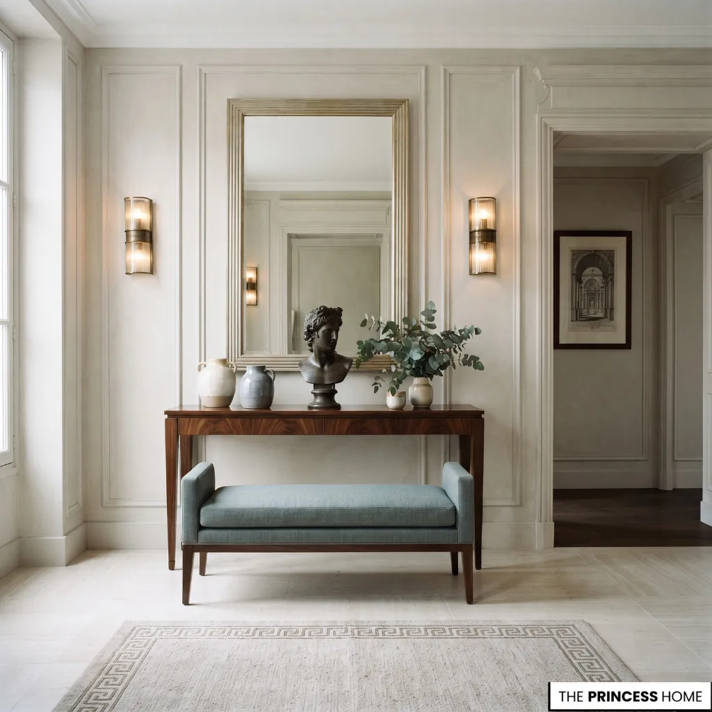 Neo-Classical entryway with a classical mirror, restrained ceramics, artwork, and balanced decorative styling.