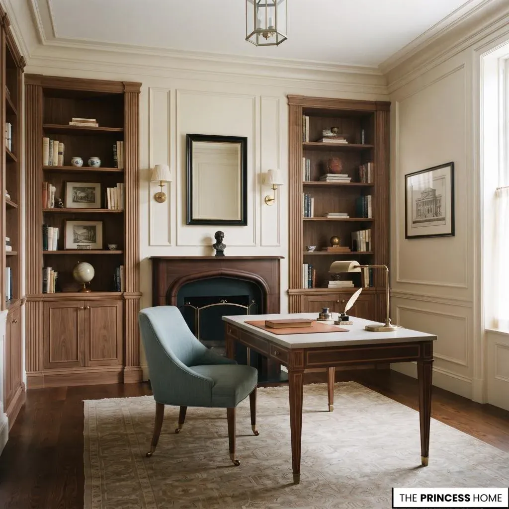 Balanced Neo-Classical study showing restrained ornament, proportioned furniture, and coherent architectural detailing.