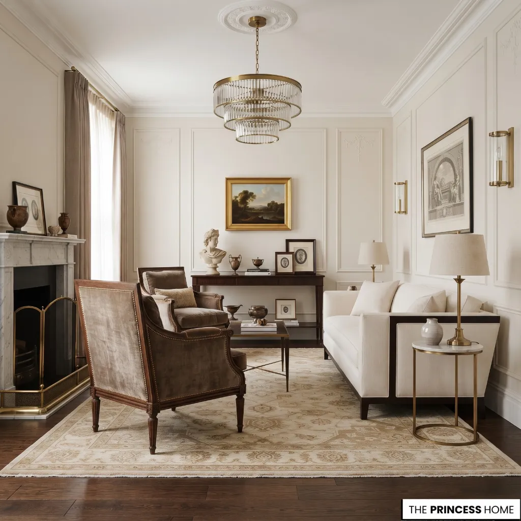 Neo-Classical living room combining a strong classical furniture piece with quieter contemporary furnishings.