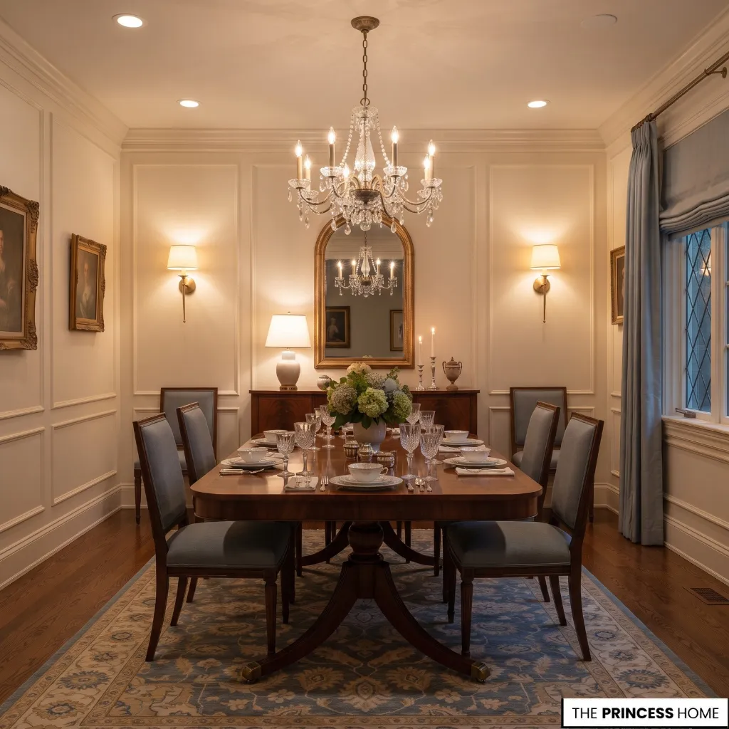 Neo-Classical dining room with a central chandelier, paired sconces, and layered ambient lighting.