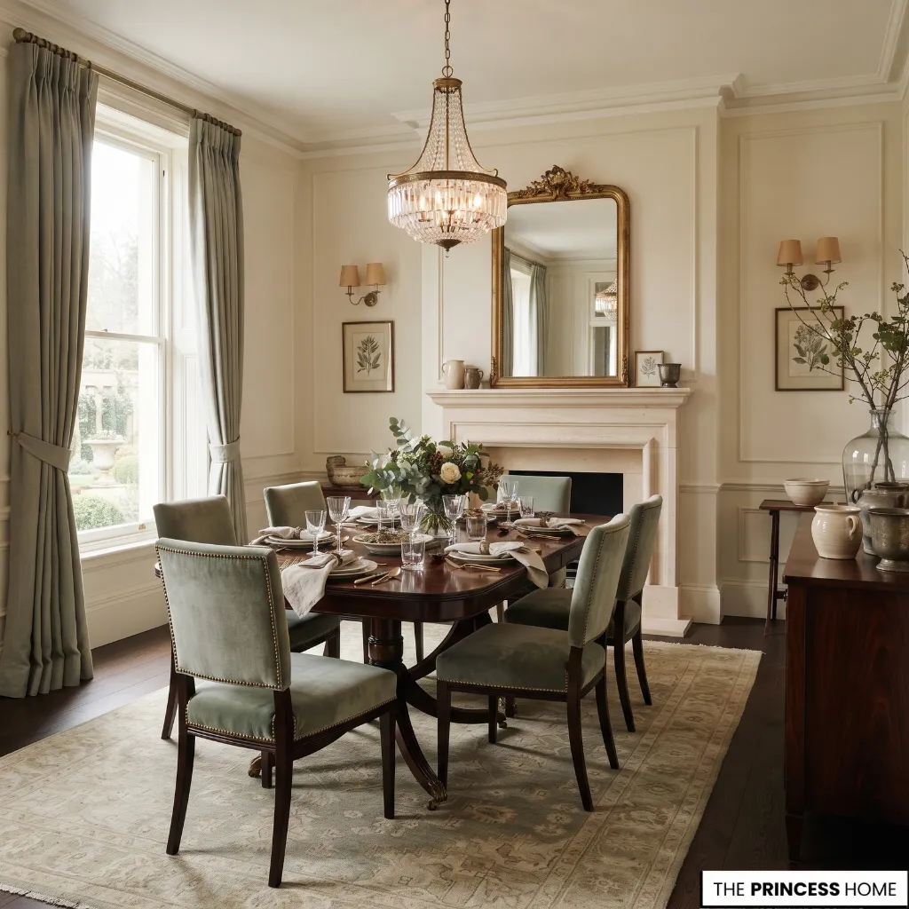 Neo-Classical dining room combining wood, stone, upholstery, plaster, glass, and metal finishes.