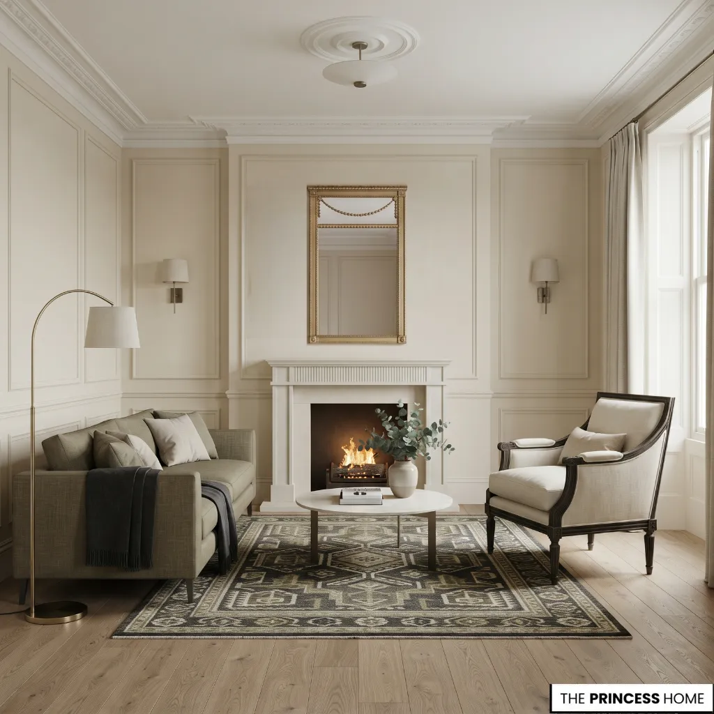 Neo-Classical living room combining classical wall architecture with contemporary furniture and modern artwork.