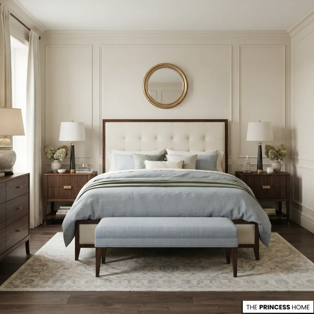 Neo-Classical bedroom using warm white, muted blue, dark wood, and restrained metallic accents.
