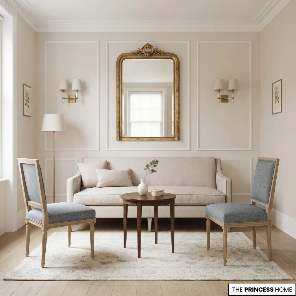 Small Neo-Classical living room using lighter furniture, simplified wall framing, symmetry, and clear circulation.