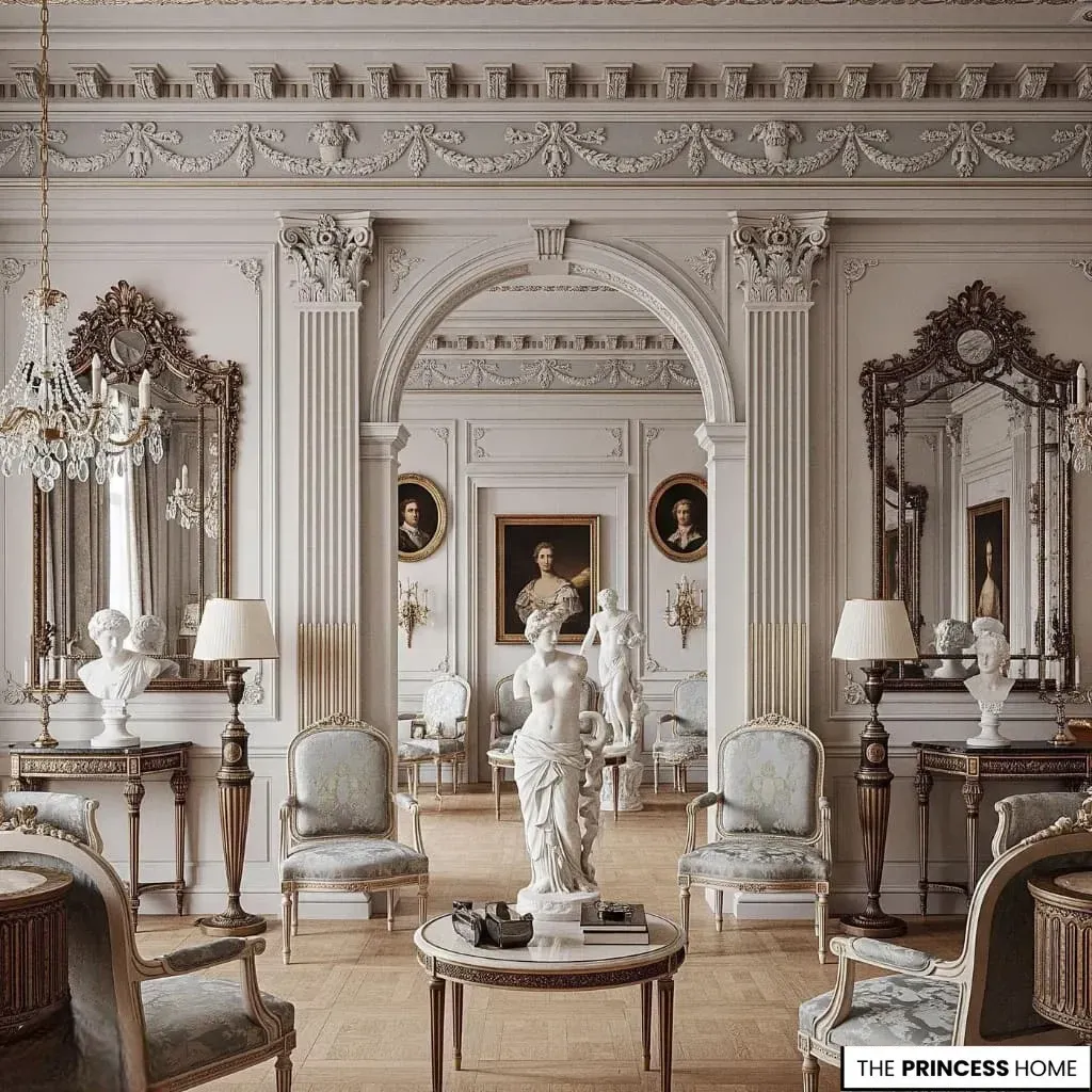 Neo-Classical living room showing symmetry, classical geometry, restrained ornament, and contemporary furniture.