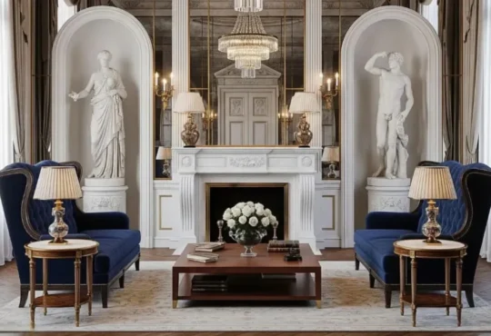 Refined Neo-Classical living room with balanced furniture, classical wall panels, layered lighting, and restrained decoration.