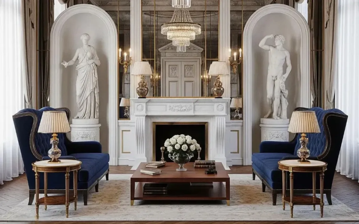 Refined Neo-Classical living room with balanced furniture, classical wall panels, layered lighting, and restrained decoration.