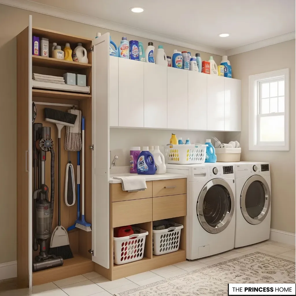 Laundry room with closed cabinets, baskets, shelves, and accessible storage for supplies