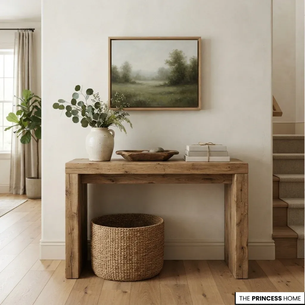Farmhouse wood console styled with a ceramic vase, natural branches, a wooden bowl, books, and a woven basket.