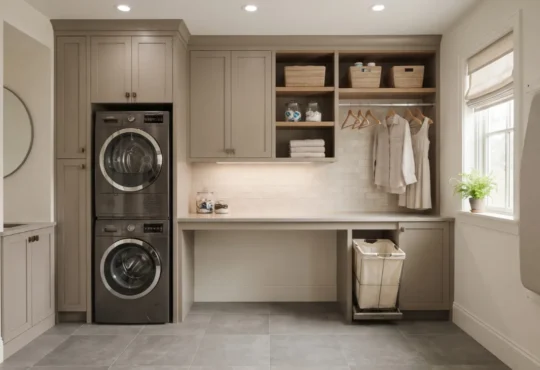 Refined laundry room with appliances, folding counter, storage, drying space, and coordinated finishes