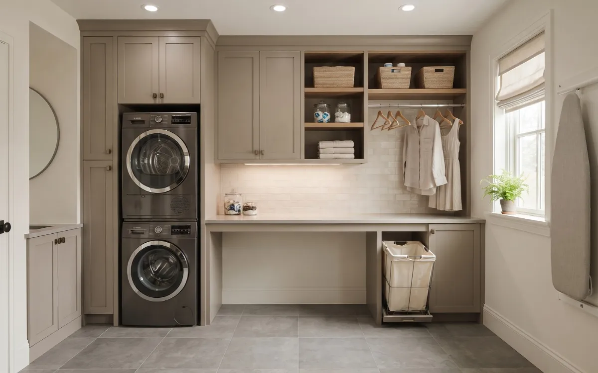 Refined laundry room with appliances, folding counter, storage, drying space, and coordinated finishes