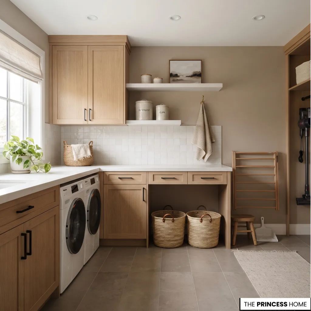 Refined laundry room with coordinated cabinetry, hardware, baskets, tile, and limited decorative styling