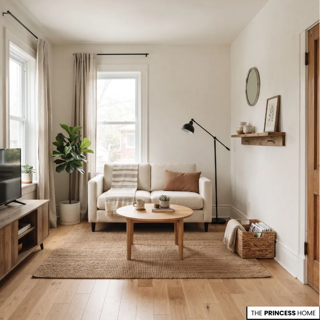 Small farmhouse living room with a compact cream sofa, round wood coffee table, woven rug, and simple floor lamp.