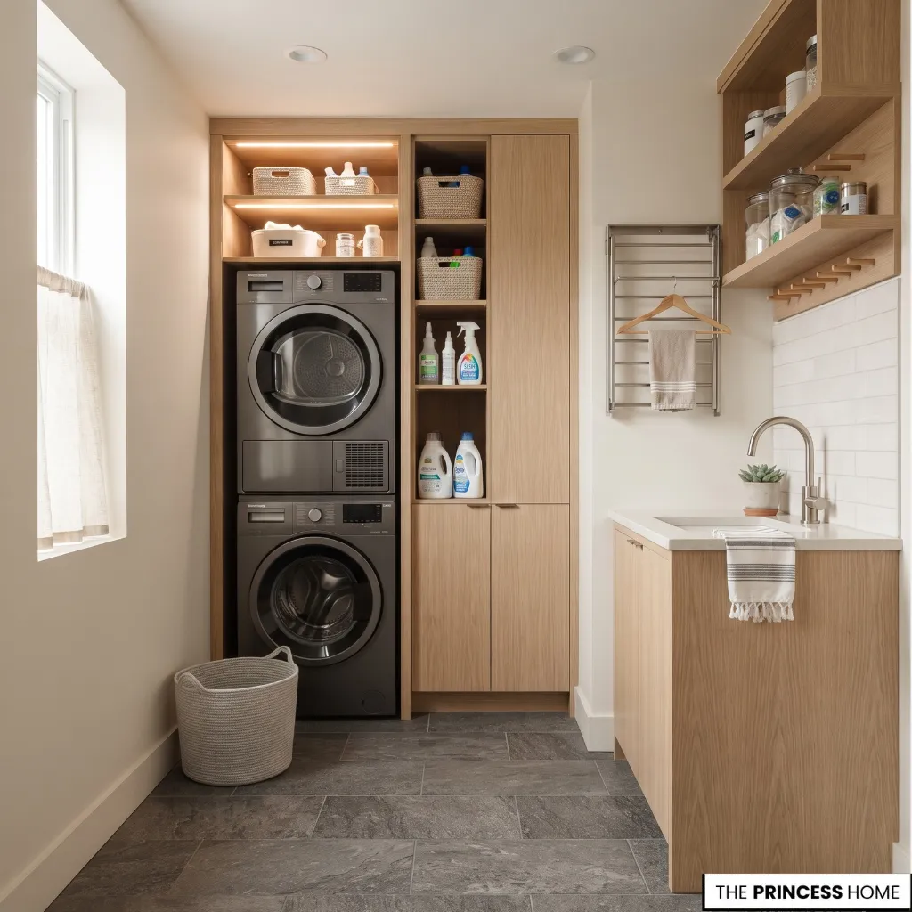 Compact laundry room using stacked appliances, vertical storage, folding surface, and a narrow drying rail