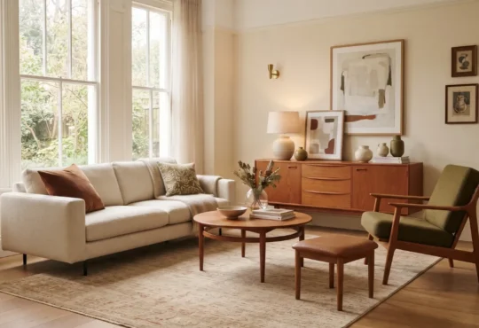 Vintage and contemporary furniture arranged in a warm living room with wood, patterned textiles, and framed artwork.