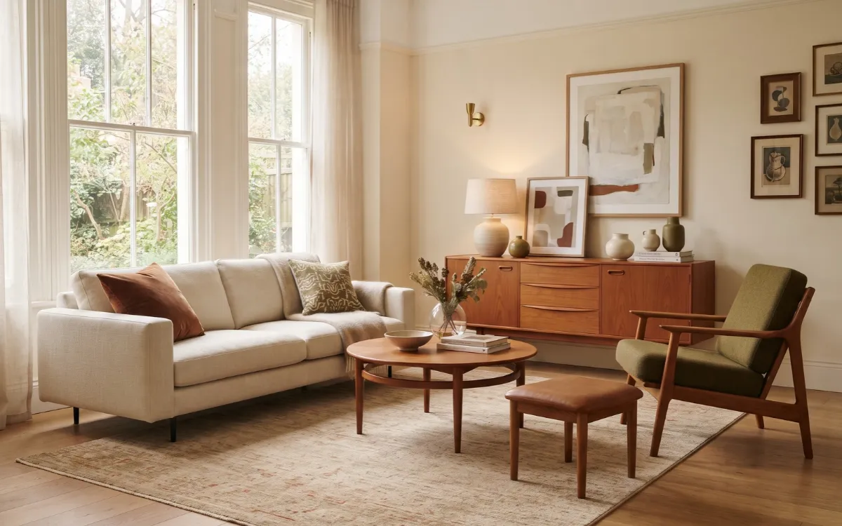 Vintage and contemporary furniture arranged in a warm living room with wood, patterned textiles, and framed artwork.