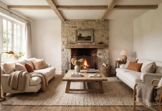 Farmhouse living room with cream sofas, a natural wood coffee table, stone fireplace, and exposed wooden beams.