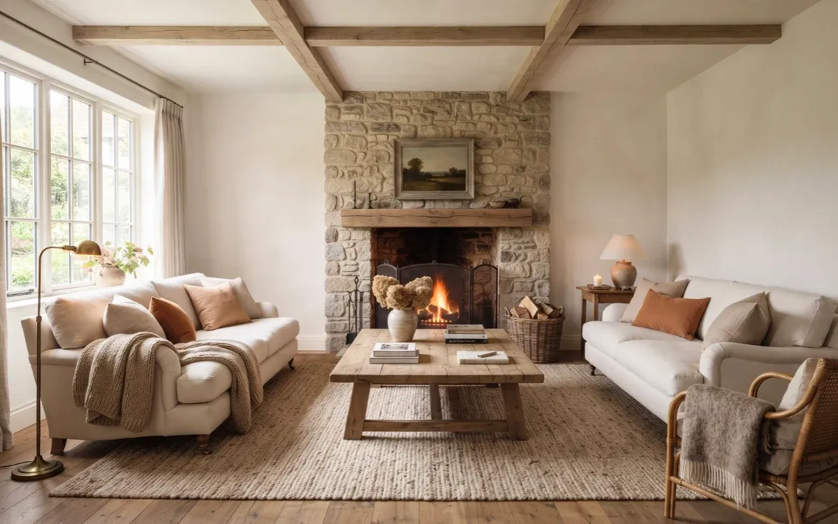Farmhouse living room with cream sofas, a natural wood coffee table, stone fireplace, and exposed wooden beams.
