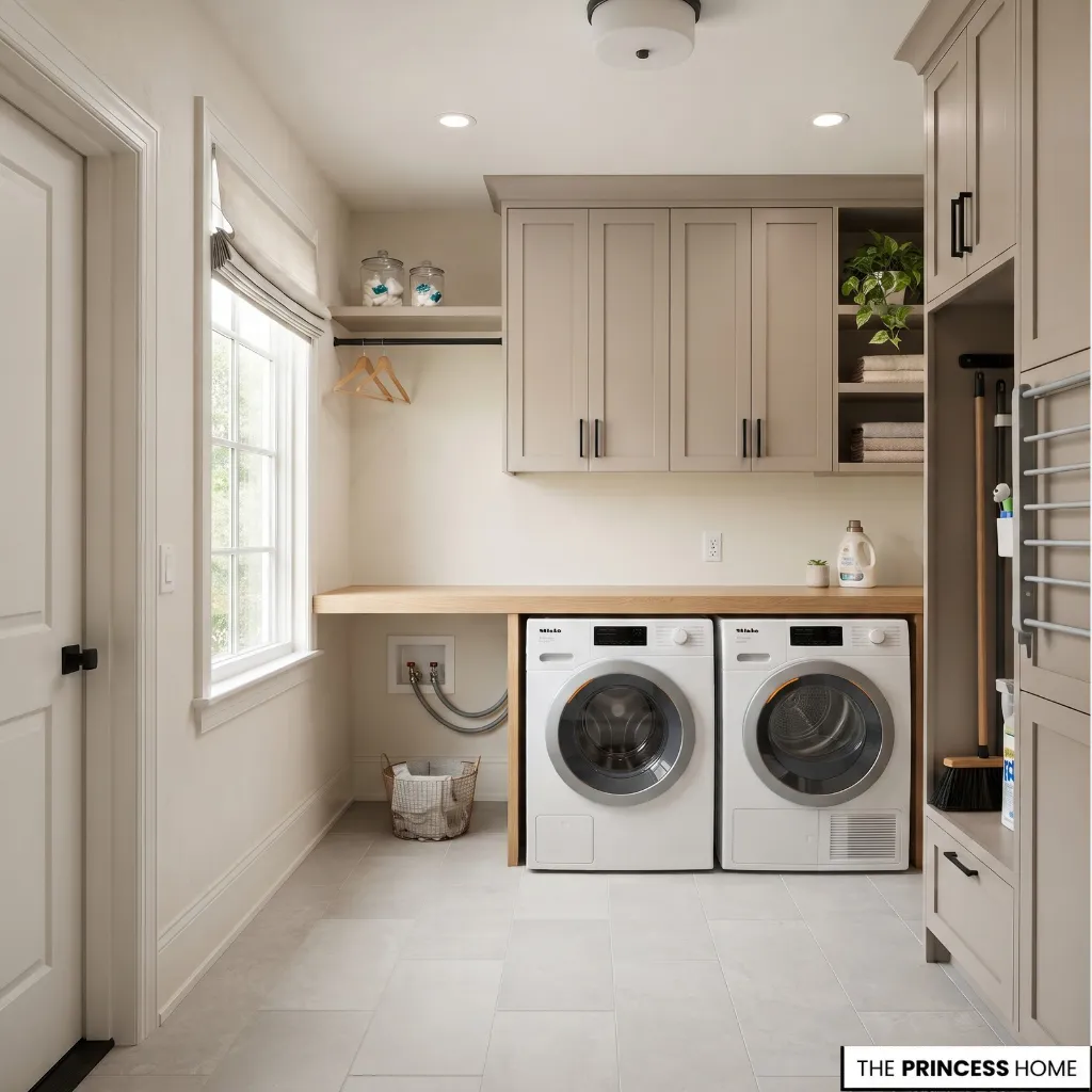 Laundry room with clearly organized appliances, cabinetry, doors, windows, and circulation space