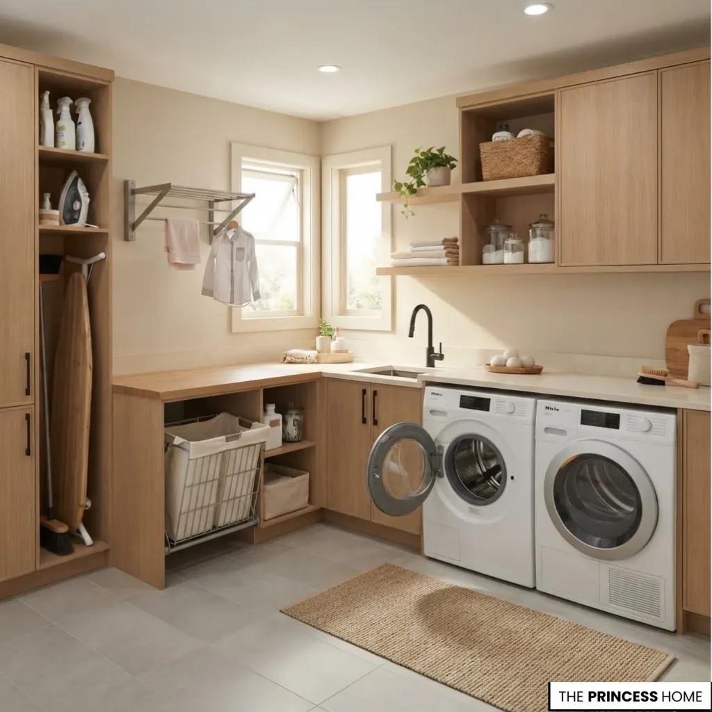 Laundry room with comfortable appliance clearance, folding space, drying rail, storage, and accessible service areas