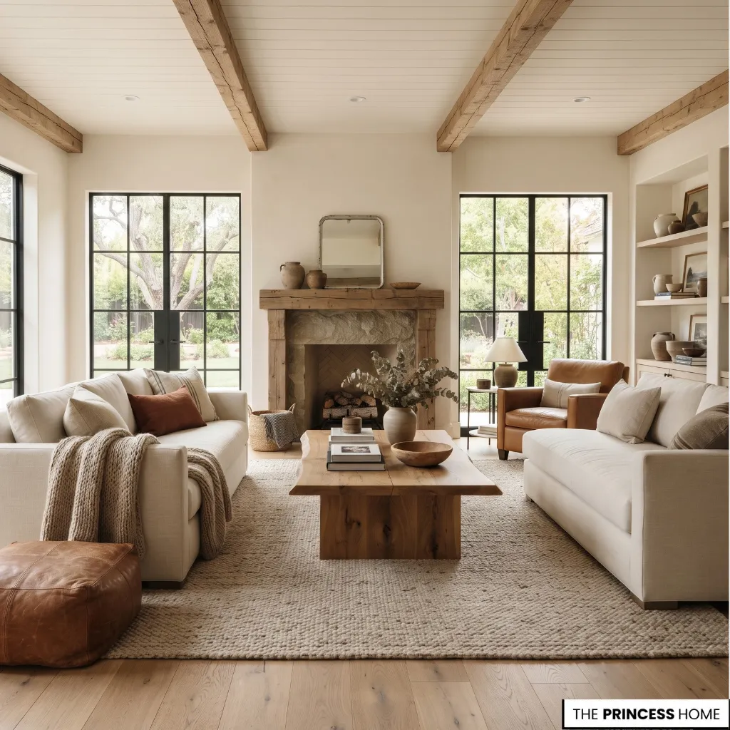 Farmhouse living room with neutral linen seating, natural wood beams, a stone fireplace, and woven textures.