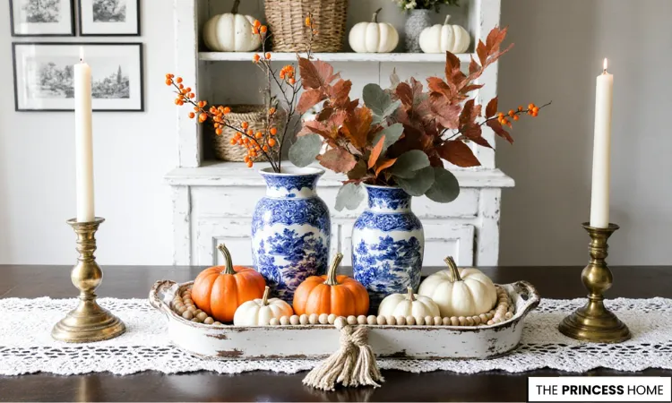 Fall Centerpiece with Blue & White
