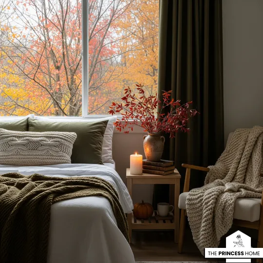 a cozy modern bedroom with fall decor, including a chunky knit blanket, lit candle, and a window with vibrant autumn foliage.