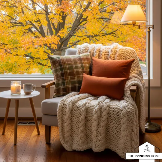 a cozy reading nook with a plaid pillow, cable knit blanket, and a lit candle next to a window with fall foliage.