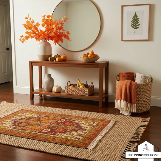a console table in an entryway with fall decor, including pumpkins, fall leaves, and cozy blankets.