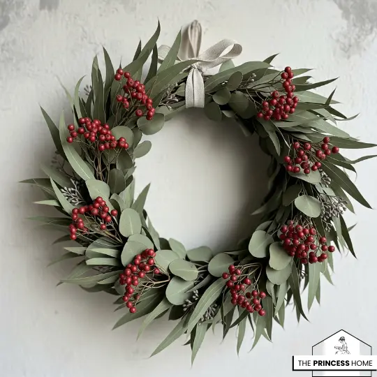 A modern fall wreath made of eucalyptus leaves, red berries, and a neutral ribbon on a white wall.