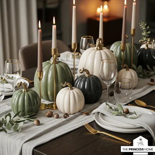 a stylish dinner table decorated with **modern fall decor**, featuring white, green, and black pumpkins, and tall candles.