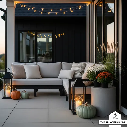 a modern outdoor patio decorated for fall with neutral cushions, pumpkins, string lights, and potted mums.