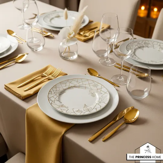 a chic dining table with a neutral-colored tablecloth and golden **fall table setting decor**, including plates with a leaf pattern and gold flatware.