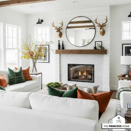 a white living room with modern fall decor, including green and orange pillows and a fireplace.