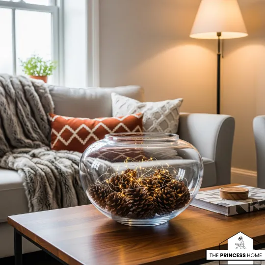 a clear glass bowl with pinecones and fairy lights is a modern fall centerpiece on a coffee table.