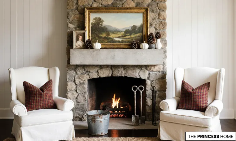 Cozy Stone Fireplace Fall Mantel