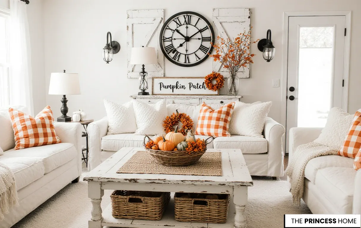 Gingham Farmhouse Fall Living Room