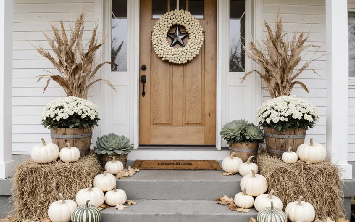 Neutral Farmhouse Fall Porch Decor