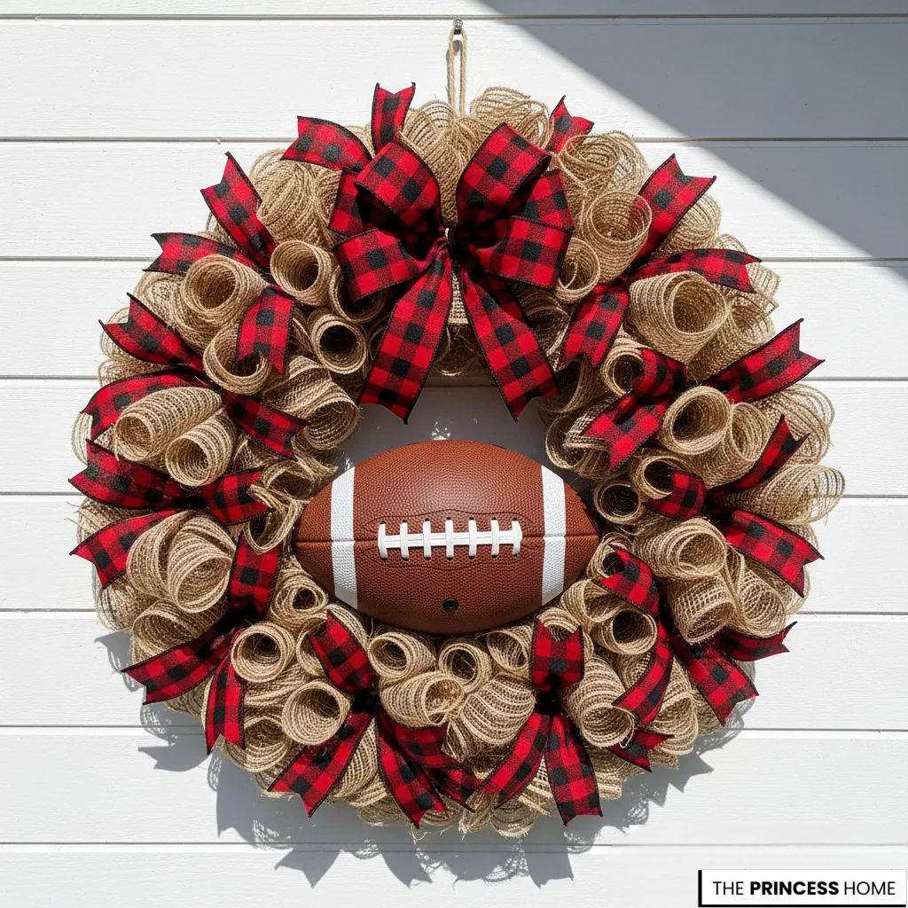 Game day style wreath crafted from looped natural burlap deco mesh, decorated with red and black buffalo plaid ribbon tails,