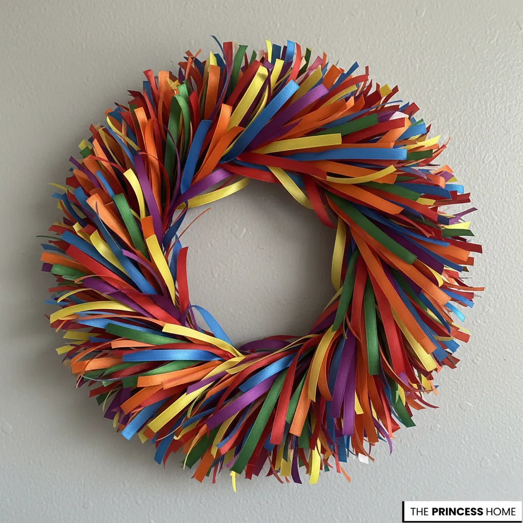Bright summer wreath densely layered with colorful satin ribbons in rainbow shades