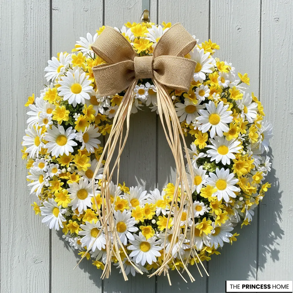 Cheerful summer wreath densely filled with white daisies and small yellow wildflowers