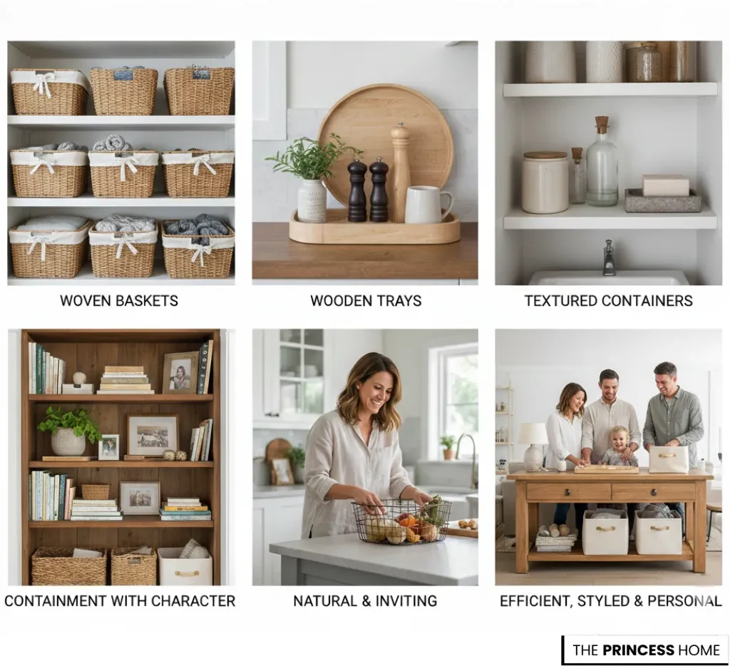 Professional home organizer ideas: woven baskets, wooden trays, and textured containers for an inviting home.