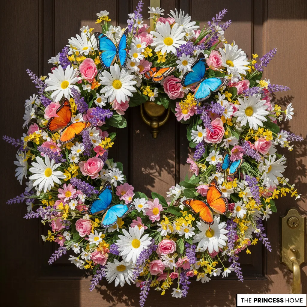 Vibrant summer front door wreath bursting with white daisies, pink roses, purple lavender sprigs, and small yellow wildflowers